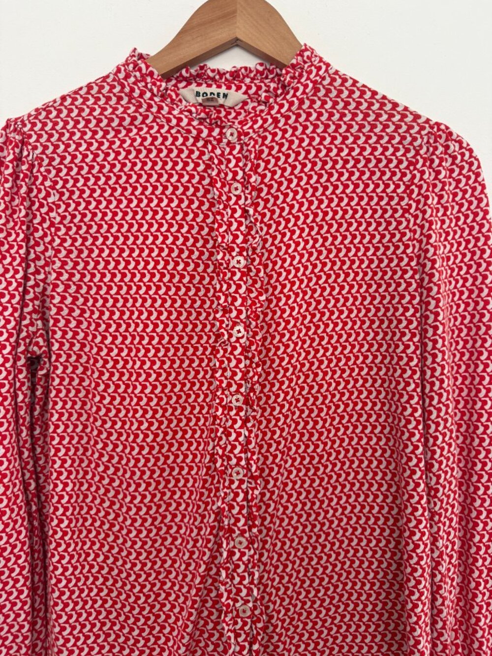 Boden Caroline Jersey Top Red White Print Ruffle Blouse US 8 Preppy Feminine